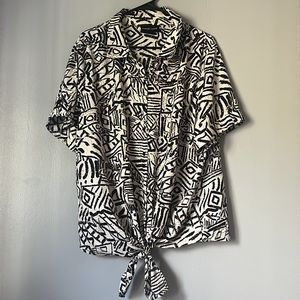 Black and White Geometric Print Plus Size Collared Button Up with Tie Bottom